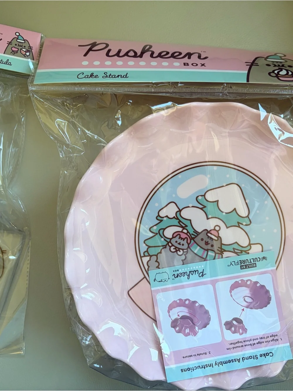 Pusheen Pink Cake Stand with Winter Pusheen Artwork